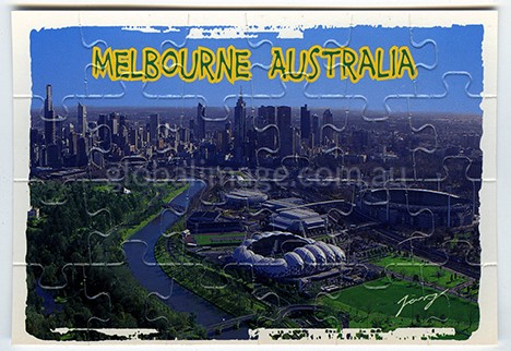 Melbourne Australia Jigsaw-Card is overlooking Melbourne, the MCG, Government House