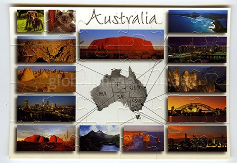 This Australia Jigsaw-Card Has Images of Kangaroos, Koala, Kata Tjuta, Uluru, Whitehaven Beach,