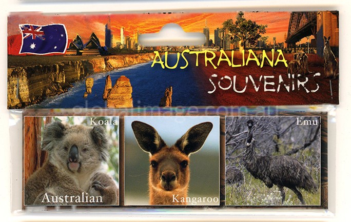 This Metal backed Magnet has Images of a Kangaroo, Koala and Emu in their Environment.