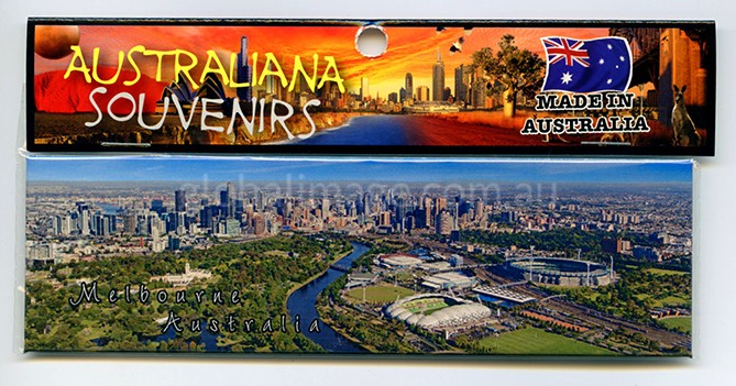 This Metal backed Magnet has Images of Melbourne Australia Arial Image from the East.